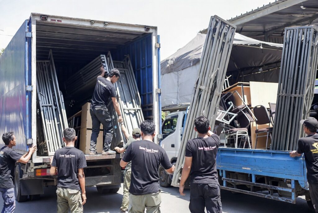 unista tenda proses kirim untuk perlengakapan acara event dilakukan dengan mobil truk dan pick up ke wilayah jabodetabek